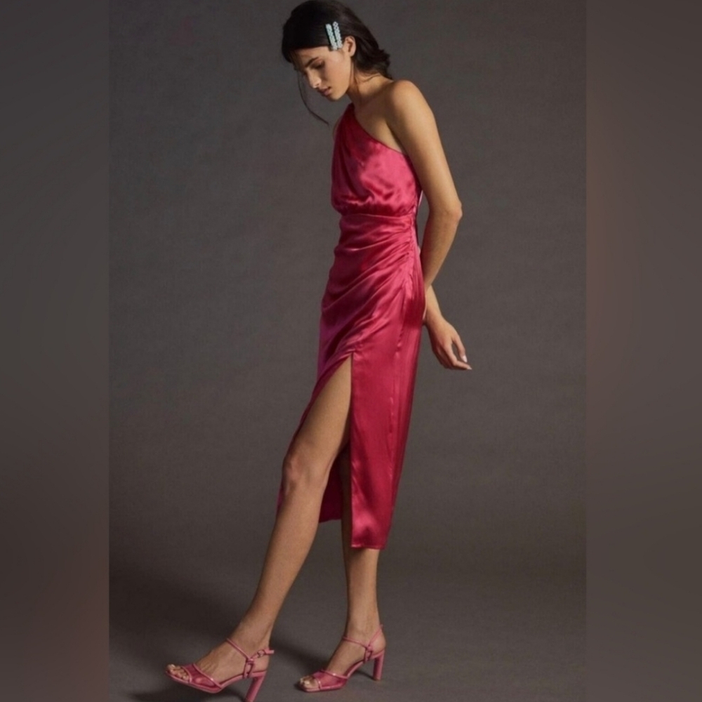 Anthropologie Braided One Shoulder 100% Silk Midi Dress in Raspberry NWT New
